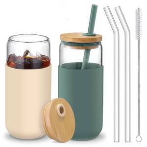 lot 54501 image: 20oz Beer Can Shaped Glass Cups with Bamboo Lids, Straws, and Protective Sleeves - For Water, Tea, Iced Coffee