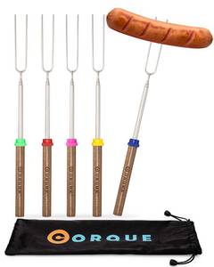 lot 54563 image: CORQUE Marshmallow Roasting Sticks, Smores Sticks, Extendable, Camping Skewer for Fire Pit, Wooden Handle, 32inch Metal for BBQ Hotdog, Cooking, Campfires, Bonfires, Set of 5