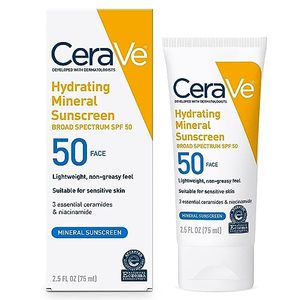 lot 54578 image: CeraVe 100% Mineral Sunscreen SPF 50  Face sunscreen With Zinc Oxide & Titanium Dioxide  Hyaluronic Acid  Niacinamide  Ceramides  Oil Free Sunscreen For Face  Travel Size Sunscreen 2.5 oz