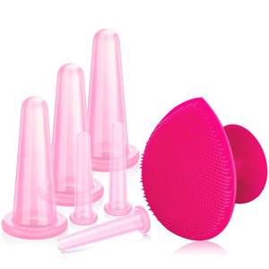lot 54592 image: Cupping Facial Set for Face and Eye Cupping Massage, Facial Cupping Set Silicone Cups with Exfoliating Brush for Face Neck Skin (Small Medium, Pink)