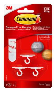 lot 54598 image: Command Ceiling Hooks, Total 12 Hooks with 16 Command Strips, Decorate Damage-Free, 3 count (Pack of 4)