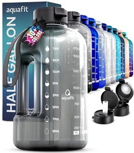 lot 54601 image: AQUAFIT Half Gallon Water Bottle with Time Marker - Straw & Chug Lid - Big Water Bottle with Straw - BPA Free Gym Water Bottle with Handle - Gallon Water Jug (64 oz - 2 Lids, Gray)