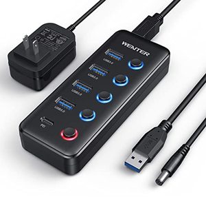 lot 54609 image: Powered USB 3.0 Hub, Wenter 5-Port USB Hub Splitter (4 Faster Data Transfer Ports 1 Type-C Charging Ports) with Individual LED OnOff Switches, USB Hub 3.0 Powered with Power Adapter for Mac, PC