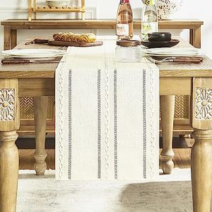lot 54626 image: Cstalstal Rustic Linen Table Runner, Boho Farmhouse Hollow Table Runners 60 Inches Long for Kitchen Dining Room Party Bedroom Dresser Decor, Ivory, 13x60 Inches