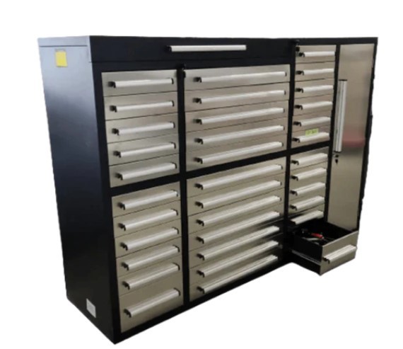 lot 1134 image: Unused 2024 Steelman 7FT-35D Stainless Steel Work Bench with 35 Drawers & 1 Cabinet.