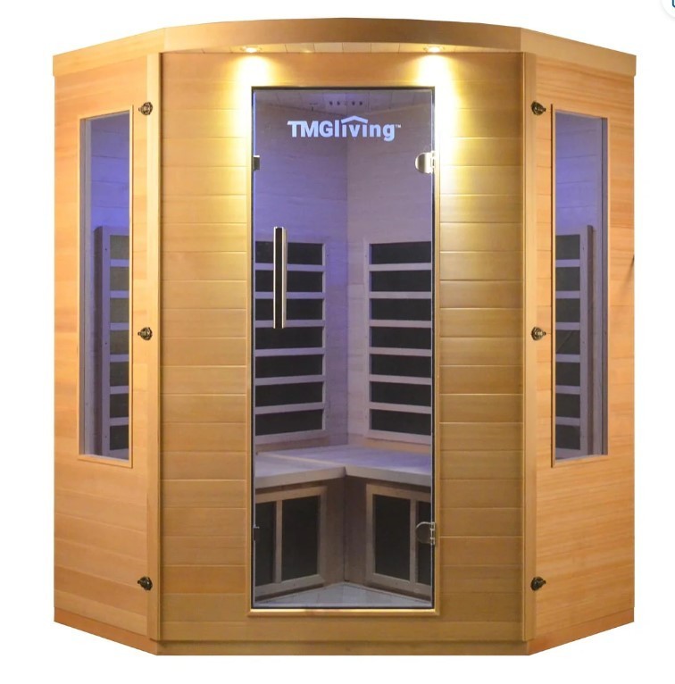 lot 658 image: Unused 2024&nbspTMG LIVING 3 Person Corner Indoor FAR Infrared Sauna Room, Natural Canadian Hemlock, Bluetooth Speakers, Tempered Glass Door, TMG-LSN40