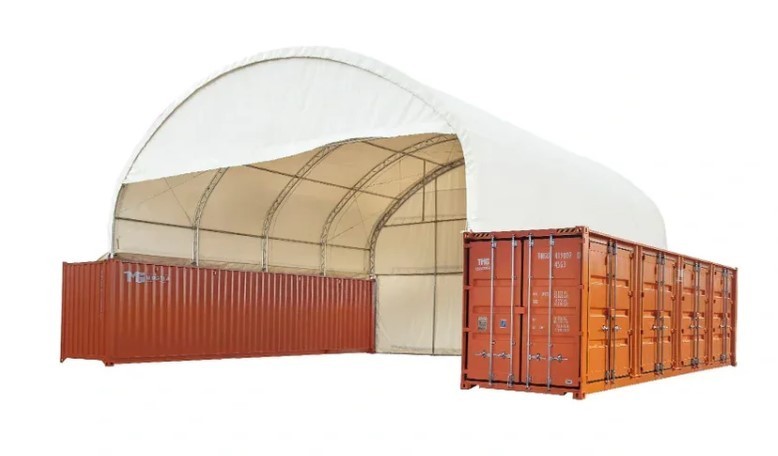 lot 680 image: Unused 2024 TMG Industrial 40 x 40 Dual Truss Container Shelter, Enclosed End Wall, TMG-DT4041CF