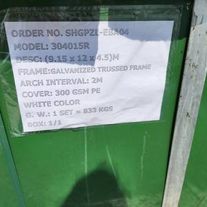 lot 1949 image: Unused 2024 Suihe Single Truss Arch Storage Shelter W30xL40xH15