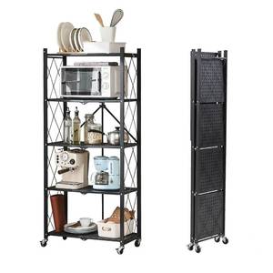 lot 18552 image: BRIAN & DANY 5-Tier Foldable Storage Shelves with Wheels, Folding Metal Rack Shelving Unit, Heavy Duty No Assembly Organizer Shelf for Garage, Kitchen, Basement, Pantry, Black - Retail $87.8