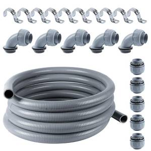 lot 18556 image: Neorexon Liquid-Tight Conduit 1 inch 50ft, Electrical Conduit wUL Certification, Flexible Conduit with 5 Straight and 5 90-Degree Conduit Connector Fittings Gray