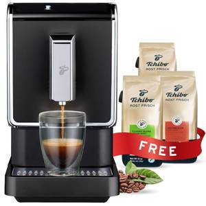 lot 18562 image: Tchibo Single Serve Coffee Maker - Automatic Espresso Coffee Machine - Built-in Grinder, No Coffee Pods Needed  3x 11.9 Ounce Bags of Whole Beans(USED) - Retail $394.82