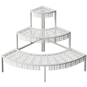 lot 18579 image: aboxoo 3 Tier Plant Stand Semi-Circular Flower Pot Organizer Rack Quarter Round Plant Display Holder Outdoor Storage Shelves Metal Corner Shelf Planter Shelving Ladder Plant Stand for Indoor(MIGHT BE MISSING HARDWARE)