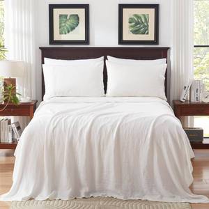 lot 18580 image: TOSMO Pure Linen Sheets Set, 100% French Natural Linen Flax Bedding 4pc Set (King, 1 Flat Sheet, 1 Fitted Sheet, 2 Pillowcases) - Off White - Retail $152.61