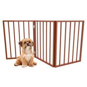 lot 18589 image: Pet Gate - 3-Panel Indoor Foldable Dog Fence for Stairs or Doorways - 54x24-Inch Retractable Wood Freestanding Dog Gates by PETMAKER (Mahogany)