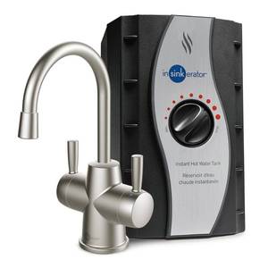 lot 18595 image: InSinkErator HOT250 Instant Hot and Cold Water Dispenser System, 2-Handle Drinking Water Faucet in Satin Nickel with 23-Gallon, Filter-Compatible, Stainless Steel Tank, HC250SN-SS - Retail $369.77