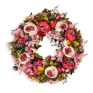 lot 18597 image: BOMAROLAN Artificial Peony Flower Wreath 19Inch Vintage Blooming Silk Peonies Spring Summer Fall Winter Large Wreaths Flower Green Leaves for Outdoor Front Door Indoor Wedding Wall Or Window Dcor