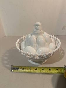 lot 101 image: white glass covered candy bowl Easter hen