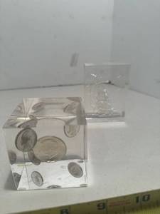 lot 106 image: 2 Clear 3D Paperweights, Ship & Coin