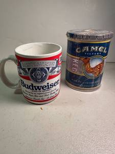 lot 137 image: Sealed Advertising Tin Camel Cigarettes, Budweiser Coffee Cup