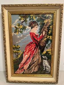 lot 186 image: vintage 10x15�� framed needlepoint lady and pup