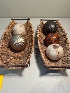 lot 328 image: Blown Glass and metal decorative balls with baskets