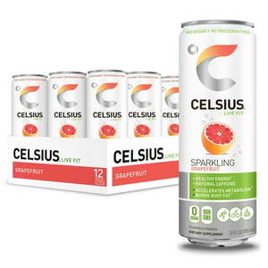 lot 3477 image: CELSIUS Sweetened with Stevia Sparkling Grapefruit Fitness Drink Zero Sugar 12oz. Slim Can 12 Pack Expired 1222