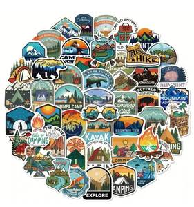 lot 3484 image: Set of 5 Vinyl Stickers- Camping Mountains Vehicles Sunset Scenes