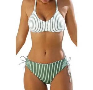 lot 3504 image: WOMEN Back Braided Straps Bikini Sets, Green Vertical Stripes Size Small