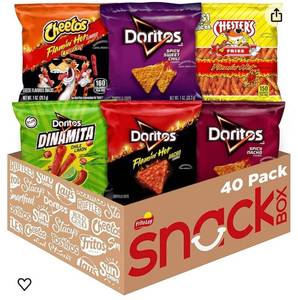 lot 4212 image: Frito Lay Fiery Mix Variety Pack, Hot & Spicy Snacks Single Serve Bags, (Pack of 40), Flamin Hot Cheetos, Doritos, Chesters Hot Fries