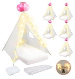 lot 4219 image: 5 Pack Teepee Tent for Kids Bulk with Inflatable Airbed String Light Fitted Sheet Natural Cotton Washable Toddler Play Tent for Girls Boys Slumber Party Indoor Outdoor (White MSRP $200