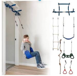 lot 4258 image: Gym1 6-Piece Doorway Gym for Kids, includes Door Sensory Swing, Indoor Pull-Up Bar for Adults, Rings, Hanging Trapeze, Ladder & Knotted Rope, Holds Up to 300 Lbs