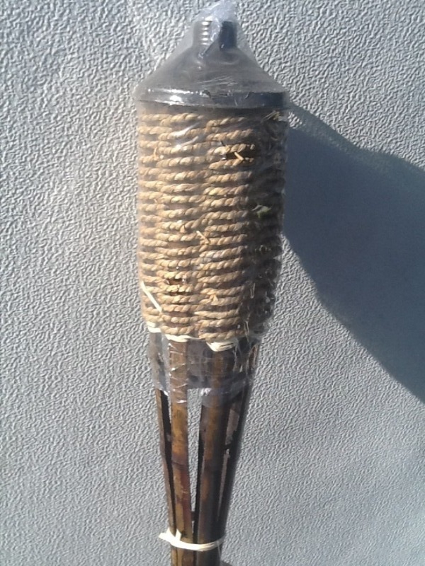 lot 150 image: Three heavy duty bamboo and wicker tiki torches very nice high-quality 5 foot tall