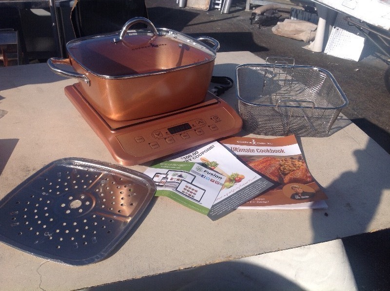lot 8100 image: New copper chef cook set up with deep dish pan and induction cooktop surface as seen on TV