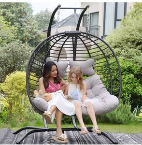 lot 51884 image: 2 Person Double Egg Chair Outdoor Patio Wicker Loveseat Hanging Chair Swing Egg Chairs with Beige Cushions Double Seats 680 lbs Capacity for Patio Backyard Balcony Bedroom Gift