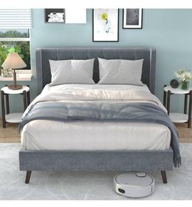 lot 51913 image: Chenoa Upholstered Full Size Bed Frame Tufted Platform Bedframe with Wingback Headboard, Wood Slat Mattress Foundation, No Box Spring Needed, Noise-Free and Non-Slip, Easy Assembly, Light Grey