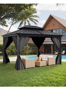 lot 51925 image: Hardtop Gazebo 10x14 for All Weather, with Double Metal Roof, Aluminum Alloy Frame, Net, and Curtain, Permanent Building for Patio, Deck, Backyard, Lawn, and Garden, Gray