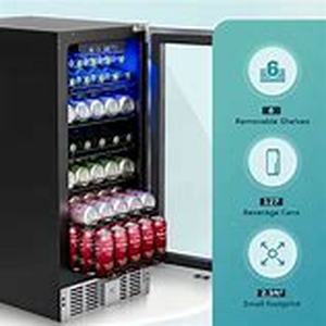 lot 51945 image: Euhomy 15in beverage refrigerator cooler under counter 127 cans beverage fridge built-in or freestanding with glass door led light beer fridge for soda water wine