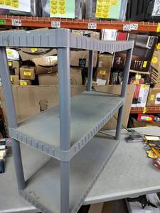 lot 1024 image: Plastic 3 Tier Storage Shelf In Grey 35In X 14In X 34In. (Cracked And Bent)