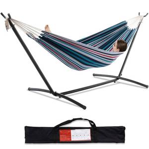 lot 1026 image: PNAEUT Double Hammock with Space Saving Steel Stand 2 Person Heavy Duty Garden Yard Outdoor 450lb Capacity Hammocks and Portable Carrying Bag (Denim)