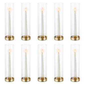 lot 1028 image: NUPTIO Hurricane Glass Candlestick Holders 10 Set Bulk Gold Taper Candle Holder Metal Candle Stick Stand with 11.81 inch Tall Windproof Clear Seelves for Outdoor & Indoor Wedding Party Holiday Decor. 20 Pieces