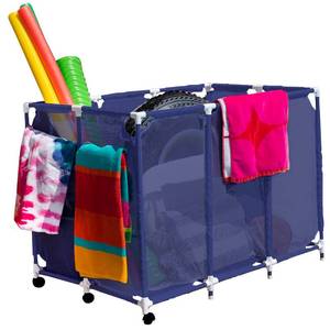 lot 1029 image: Essentially Yours Pool Noodles Holder, Toys, Floats, Balls and Floats Equipment Mesh Rolling Storage Organizer Bin, Extra-Large, (47.2 W x 30.2 L x 34 H), BlueWhite Style 455119