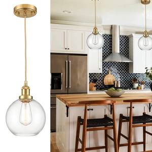 lot 1044 image: SHAWNKEY Modern Bushed Gold Pendant Light Fixture with Globe Clear Glass Shade Pendant Lighting for Kitchen Island Hanging Lighting
