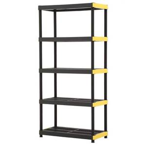 lot 1046 image: HDX 18 in. x 36 in. x 74 in. Black and Yellow Plastic Ventilated Garage Shelving Unit. 30 Total Tiers Of Shelves. (Some Shelves Are Cracked)