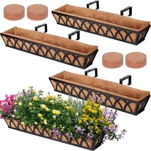 lot 1048 image: WIMART Window Box Railing, 32 Inch Black Metal Hanging Flower Planter Basket with Coco Liner for Outdoor Balcony Porch Fence Patio for Home, Office and Hotel (Black - 4 PcsSet)