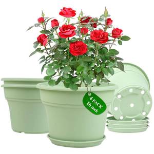 lot 1058 image: A 16 inch Plastic-Flower-Pot-for-Indoor-Plants, 4 Pack Large Outdoor Planter Pot with Drainage Holes & Saucers, Resin Decorative Garden Pots Planters