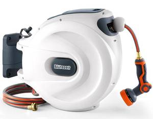 lot 1073 image: Bl�tezeit Retractable Garden Hose Reel, 12 x 100ft Hose Reel Wall-Mount with 10-Function Spray Nozzle, Any Length Lock180° SwivelAutomatic Slow RewindHeavy Duty