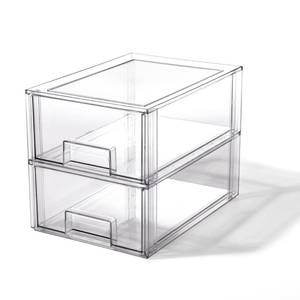 lot 2247 image: BINO  Stackable Storage Drawers, Large - 2 Pack, Clear  THE CRATE COLLECTION  Storage Bins With Drawers Bathroom Organizers and Storage Organization and Storage Under Sink Organizer Vanity Cabinet. (One Is Cracked On The Bottom)