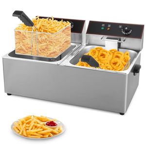 lot 3318 image: WICHEMI Commercial Deep Fryer with Baskets and Lids, 4000W 11.6QT11L x 2 Large Deep Fryers, Stainless Steel Countertop Double Deep Fryer for Restaurant Home Use With Temperature Control - 110V
