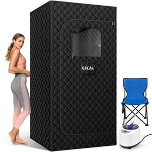 lot 3351 image: X-Vcak Portable Steam Sauna, Portable Sauna for Home, Sauna Tent Sauna Box with 2.6L Steamer, Remote Control, Folding Chair, 9 Levels, Black, 2.6 x 2.6 x 5.9