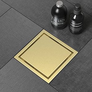 lot 5429 image: WEBANG 6 Inch Shower Square Drain Gold Floor Drain with Flange Reversible 2-in-1 Cover Tile Insert Grate Removable SUS304 Stainless Steel CUPC Certified Brushed Gold